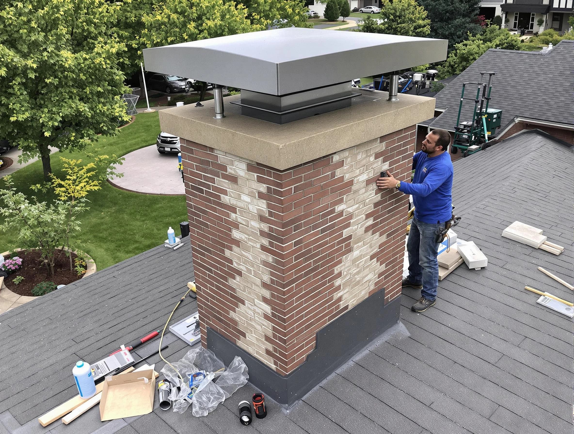 Bennett Chimney Sweep team working on a custom chimney remodel in Bennett, CO